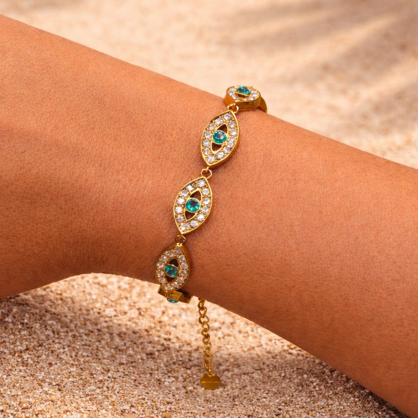 ZORA – Bracelet œil doré et strass bleus en acier inoxydable