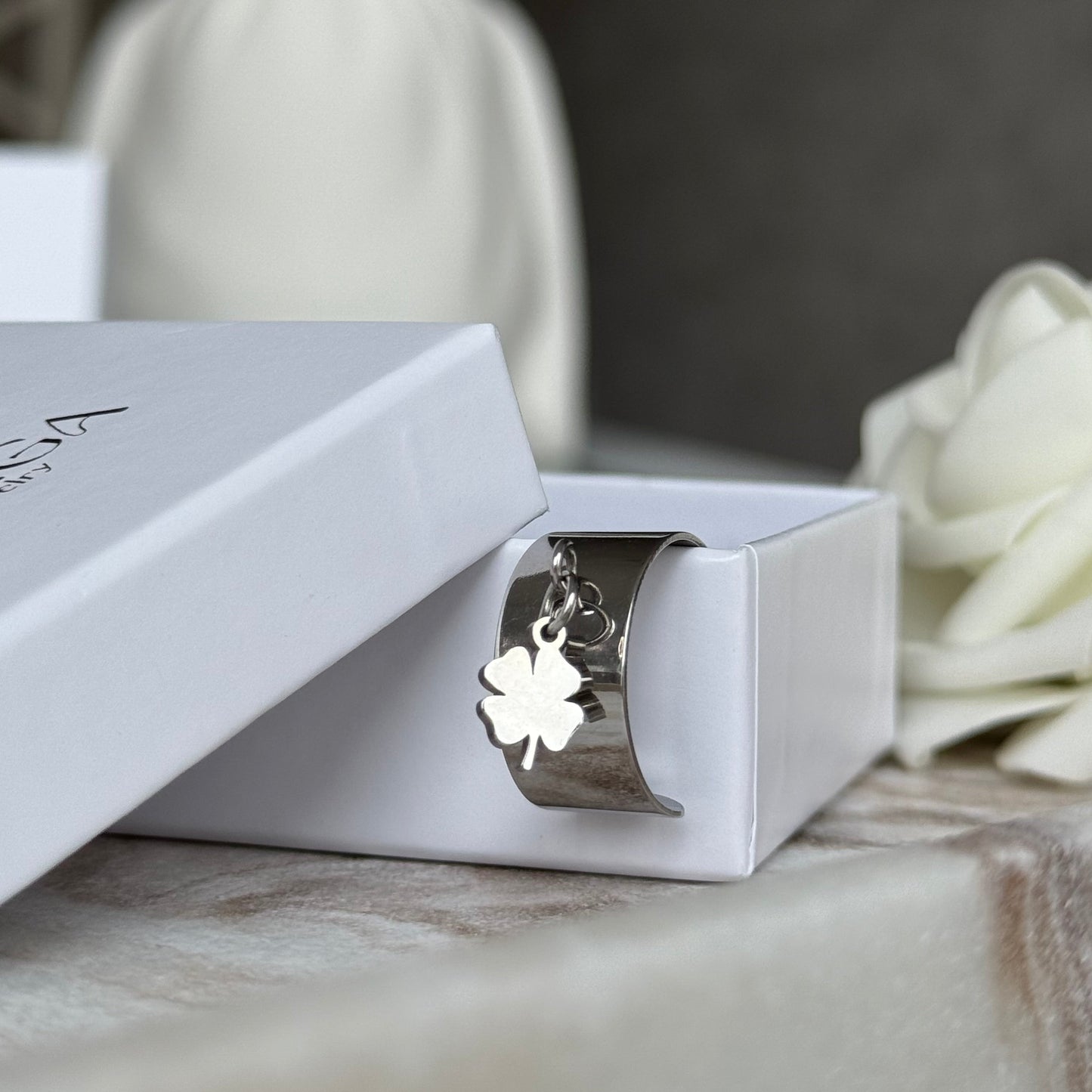 EDEN - Bague création en acier Inoxydable argenté et pendentif trèfle