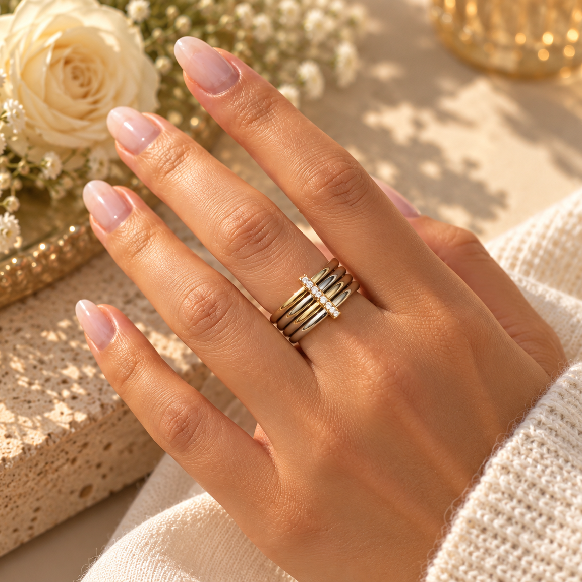 OCTAVIE – Bague multi-anneaux en acier inoxydable doré et argenté avec strass