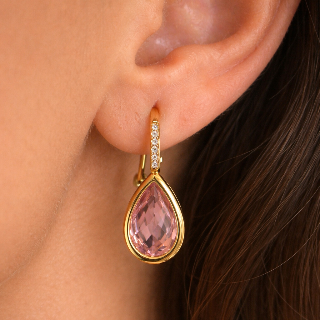 EMMA - Boucles d’oreilles en acier inoxydable doré et strass rose et blanc