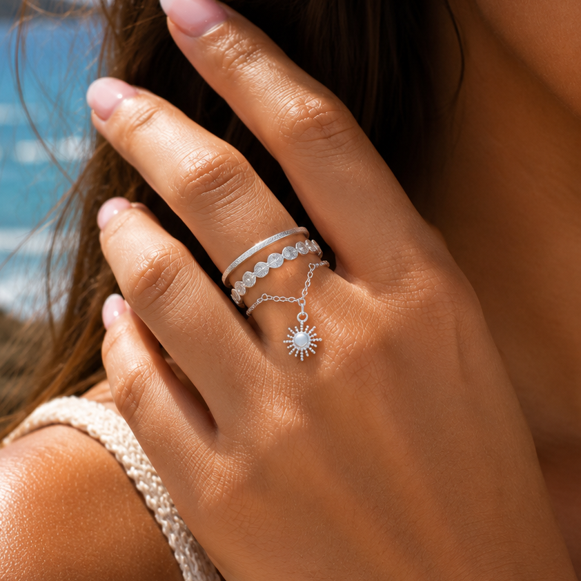 AGNÈS – Bague chaîne en acier inoxydable argenté - motif soleil
