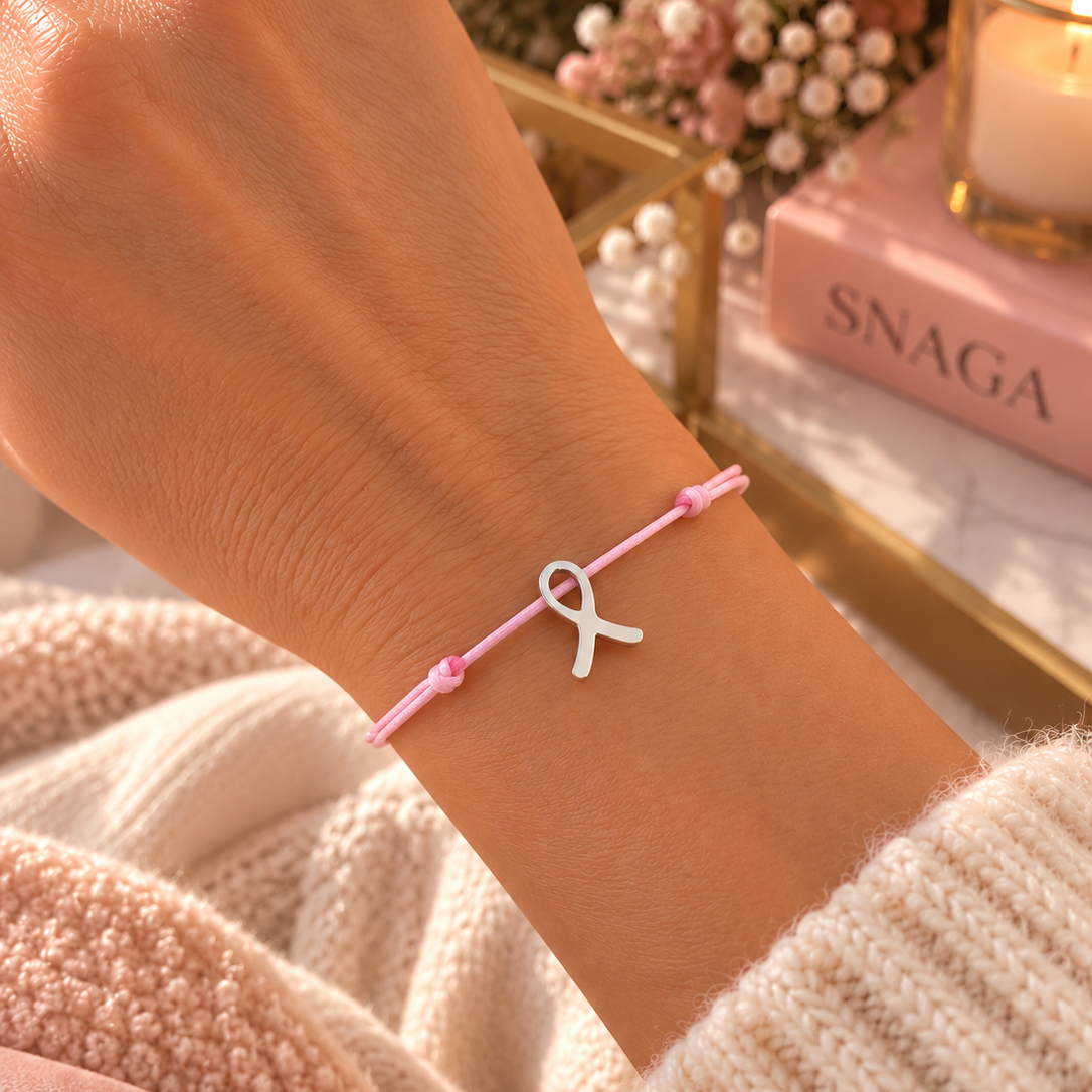 ROSE POUDRÉ ARGENTÉ – Bracelet solidaire Octobre Rose en acier inoxydable argenté