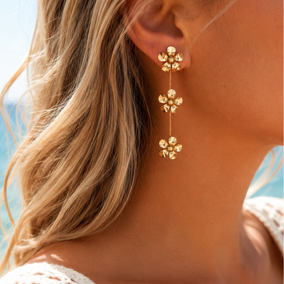 ORIGINELLE - Boucles d'oreilles en acier inoxydable doré - Détails fleurs