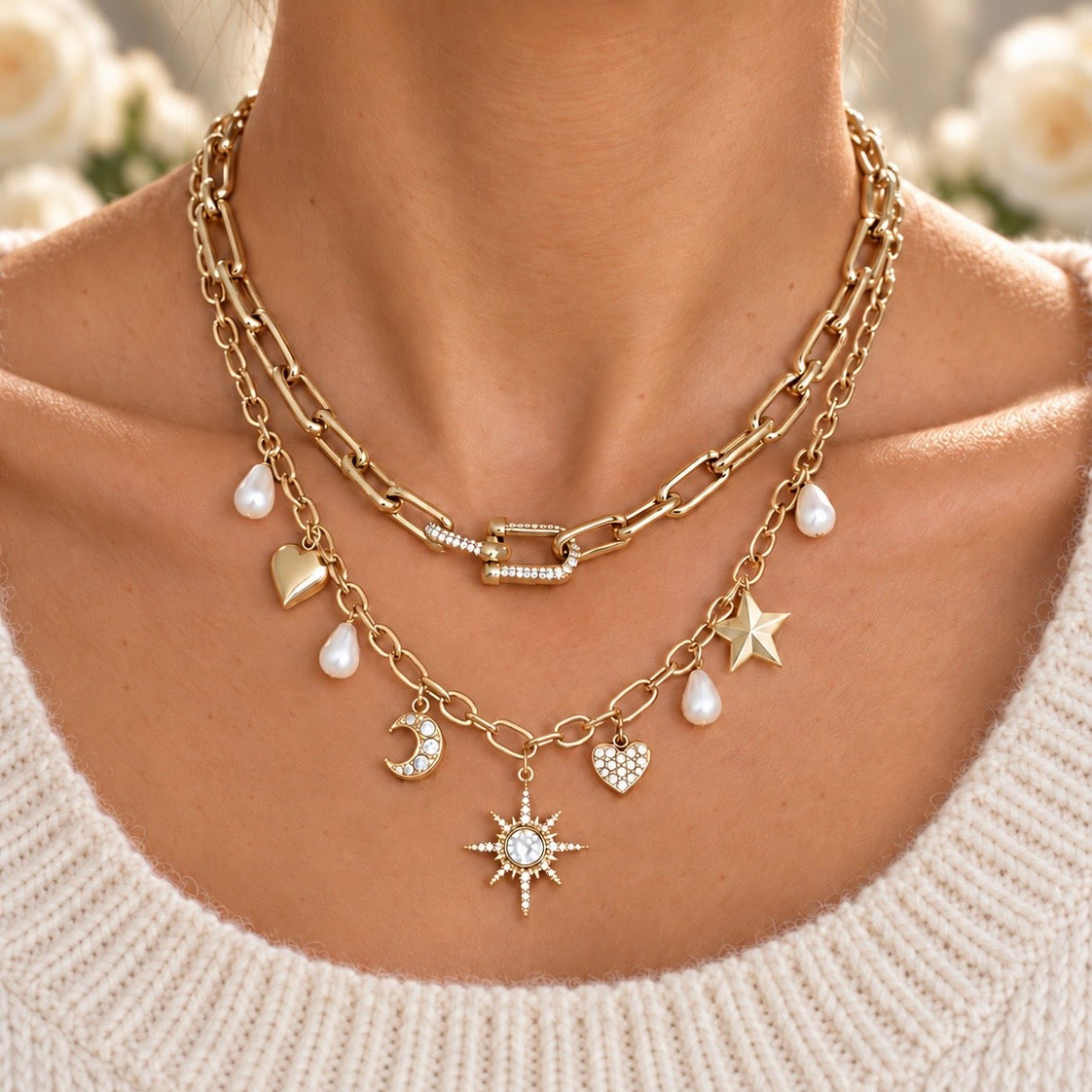 VICTORIA – Collier à charms en acier inoxydable doré, perles et strass