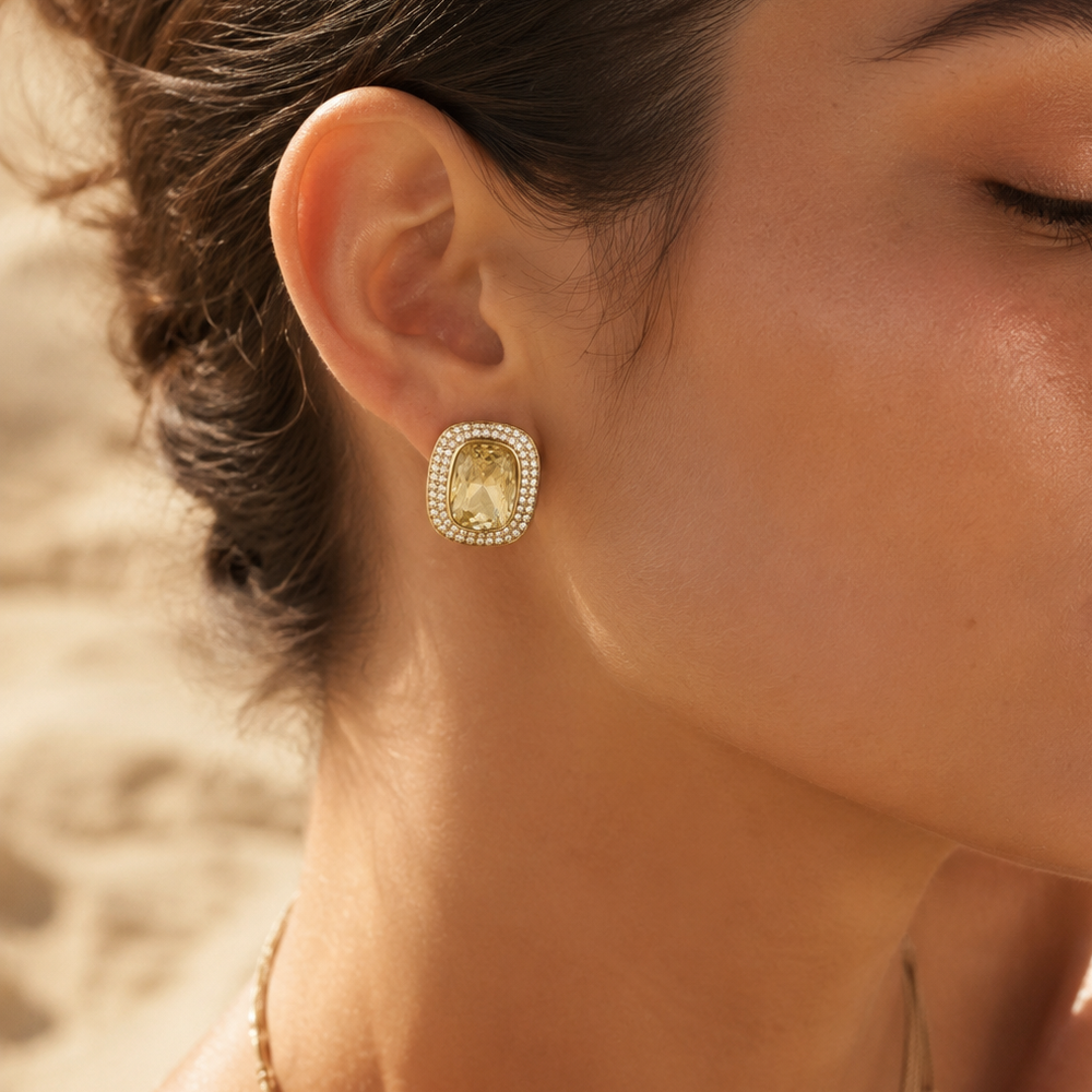 LALY - Boucles d’oreilles à clip en acier inoxydable doré et strass jaune