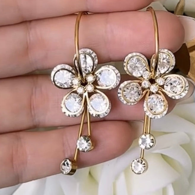 IRIS - Boucles d’oreilles modulables en acier inoxydable doré, fleurs et strass