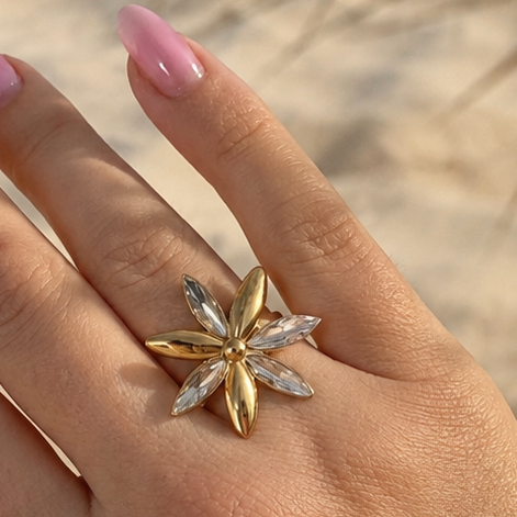 TYCIA - Bague fleur en acier inoxydable doré à l'or fin et strass