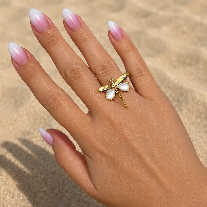 LIBELLULE - Bague libellule réglable en acier inoxydable doré et blanc nacré