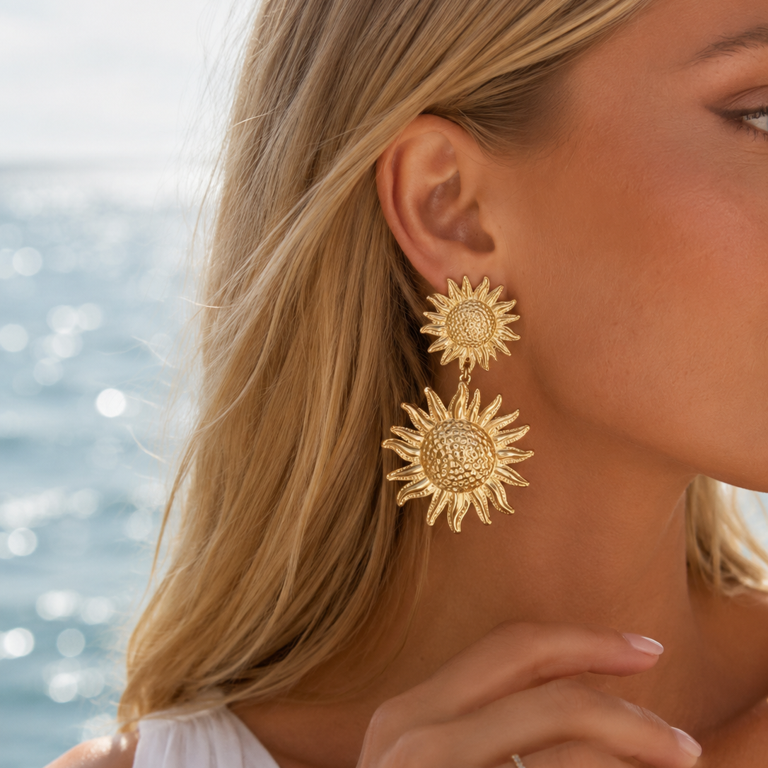TOURNESOL - Boucles d’oreilles pendantes en acier inoxydable doré - motif tournesol