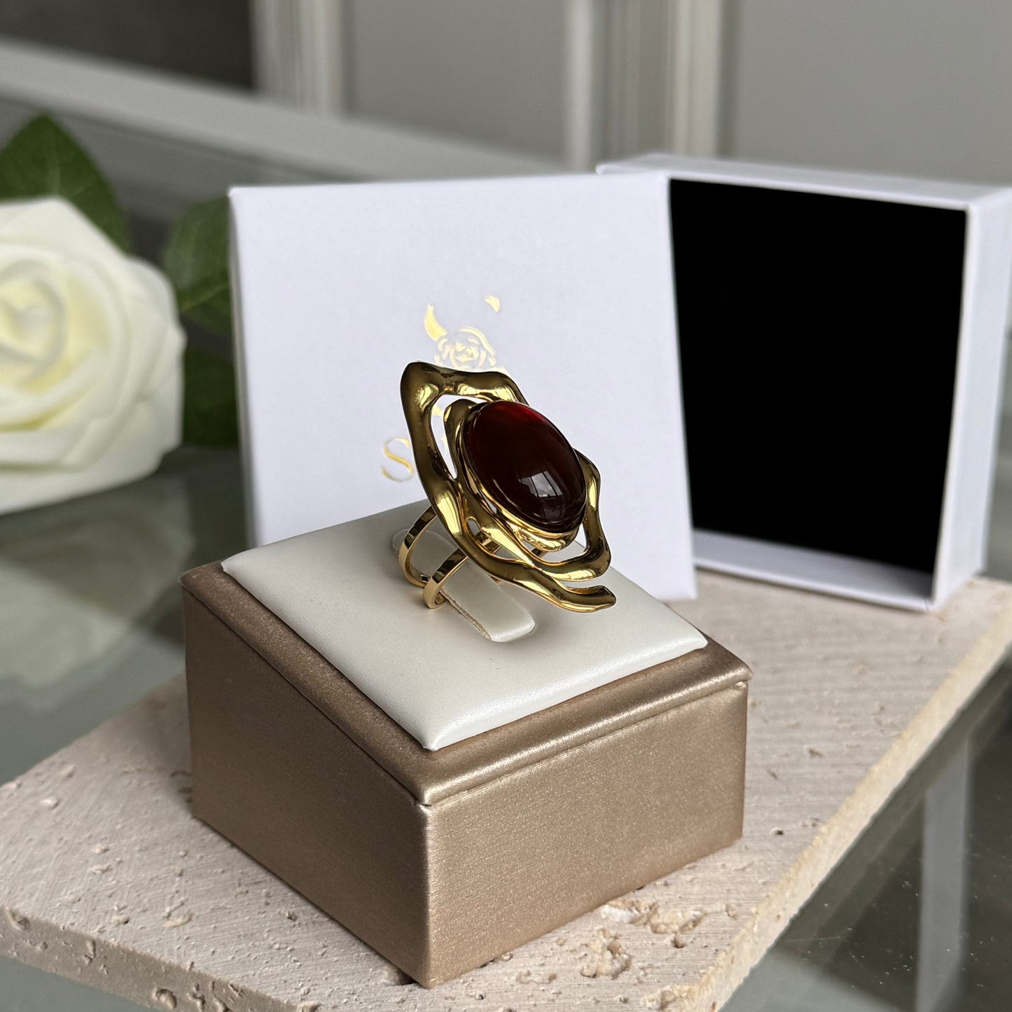 ARBIA - Bague en acier Inoxydable doré ambré