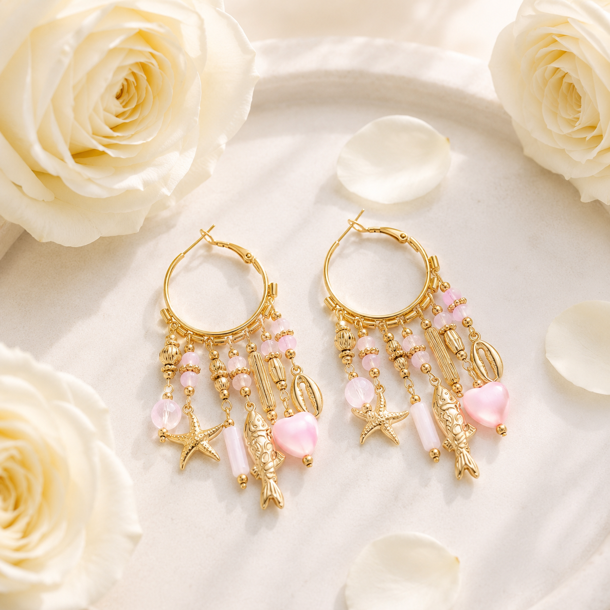 CHARLIE - Boucles d’oreilles créoles en acier inoxydable doré et breloques roses