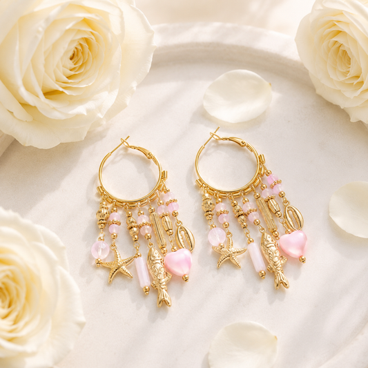 CHARLIE - Boucles d’oreilles créoles en acier inoxydable doré et breloques roses
