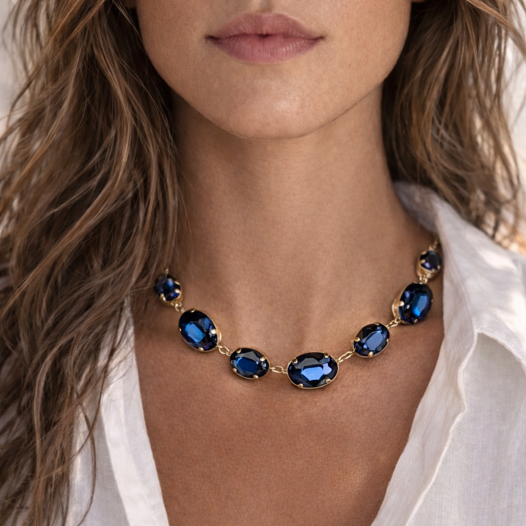 EMILIE - Collier en acier Inoxydable Doré – Strass bleu