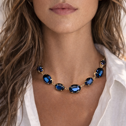 EMILIE - Collier en acier Inoxydable Doré – Strass bleu