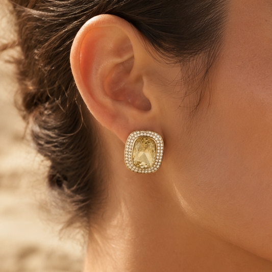 LALY - Boucles d’oreilles à clip en acier inoxydable doré et strass jaune