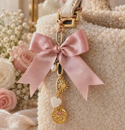 ROSE BONHEUR – Porte-clés création unique SNAGA avec nœud rose poudré et breloques dorées, à accrocher à tes clés ou à ton sac