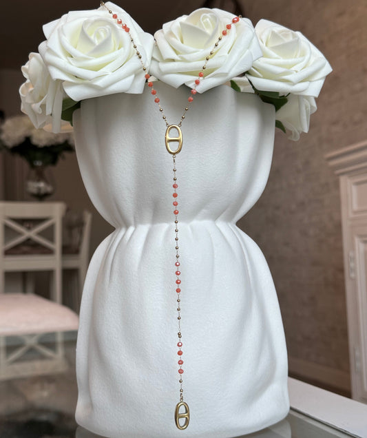 MAO - Collier Y en acier Inoxydable Doré et perles orange