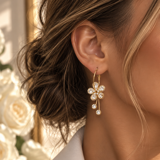 IRIS - Boucles d’oreilles modulables en acier inoxydable doré, fleurs et strass