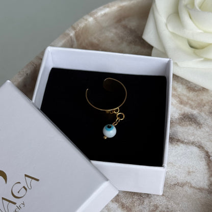 ELENA - Bague création en acier Inoxydable doré et œil de protection bleu clair