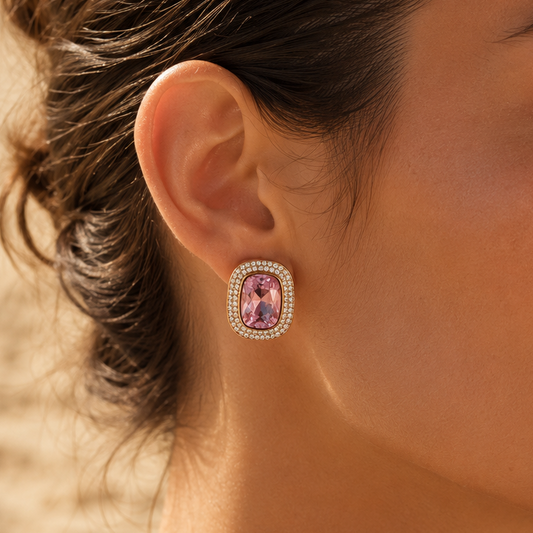 LALY - Boucles d’oreilles à clip en acier inoxydable doré et strass rose