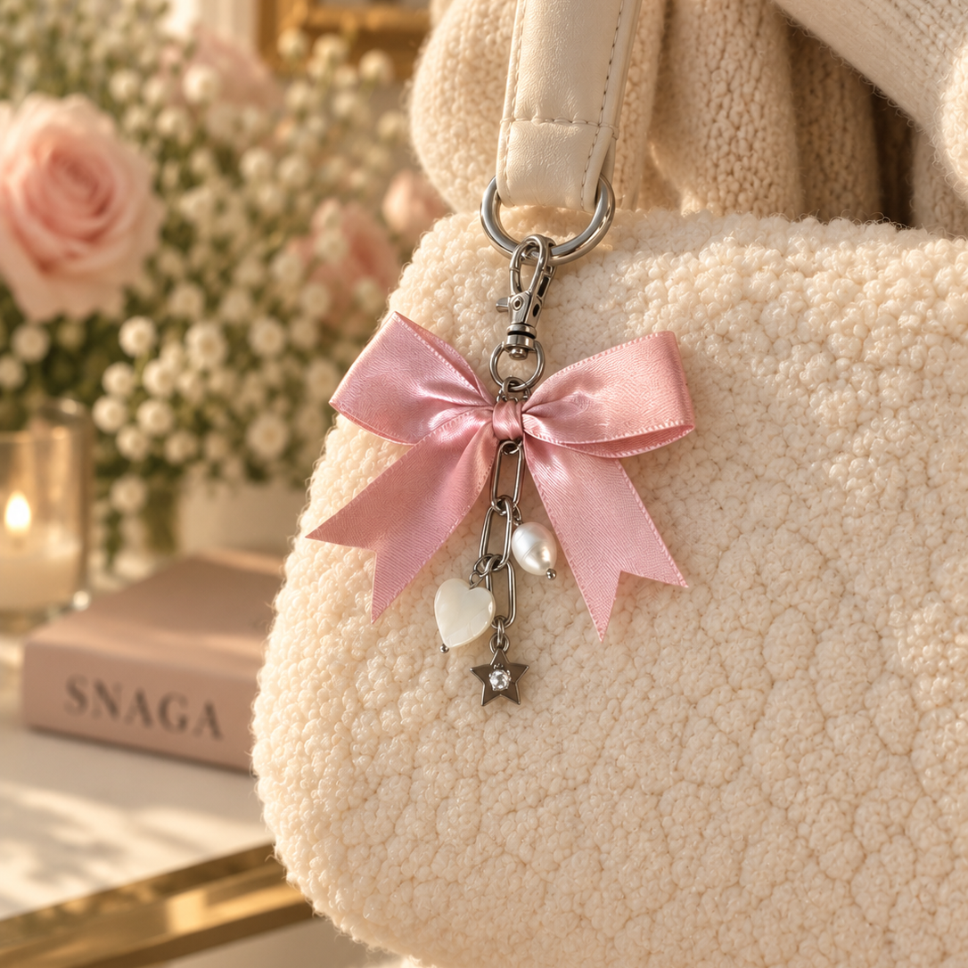 SWEET ROSE – Porte-clés création UNIQUE SNAGA avec nœud rose poudré et breloques argentées, à accrocher à tes clés ou à ton sac