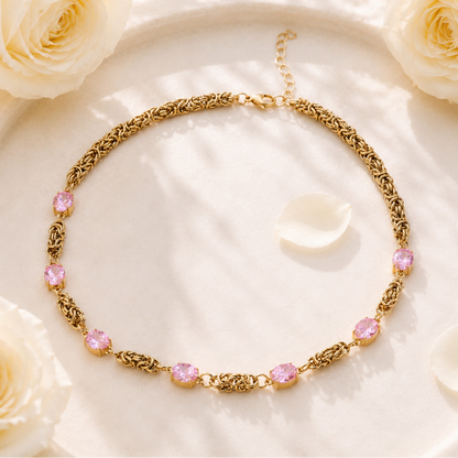 ÉLÉONORE - Collier en acier inoxydable doré et strass roses
