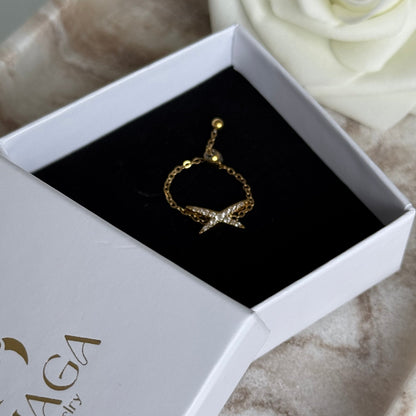 LIVIA - Bague chaine réglable en acier Inoxydable doré et strass