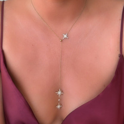 LOUISE - Collier Y en acier Inoxydable et pendentif étoiles dorées incrustées de zircons