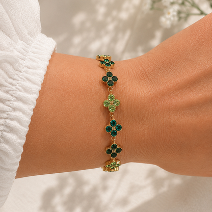 ANGÉLIQUE - Bracelet en acier inoxydable doré et fleurs vertes en zircon