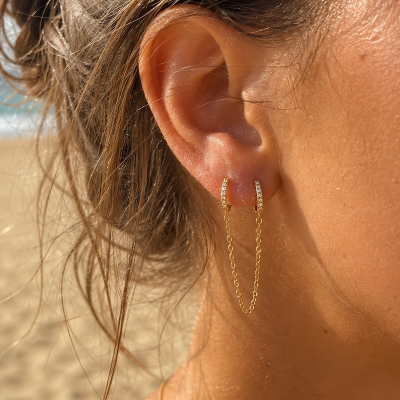 ORNELLA - Mono boucle d'oreille double avec chaine pendante en acier Inoxydable doré et strass