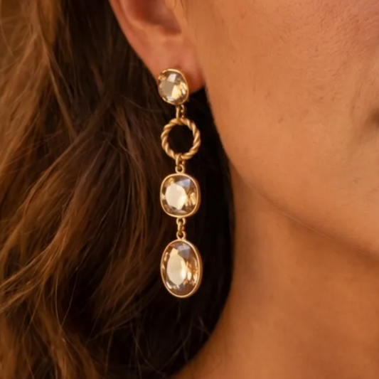 CAMILLE - Boucles d'oreilles pendantes en acier inoxydable doré et cristaux pêche ambrés