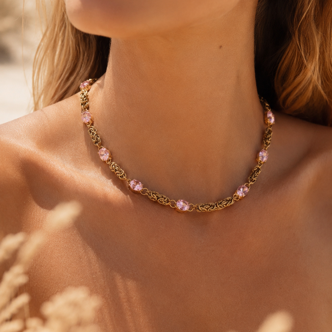 ÉLÉONORE - Collier en acier inoxydable doré et strass roses