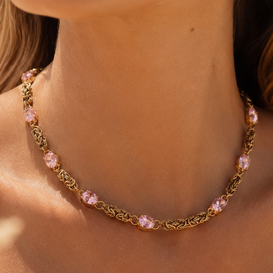 ÉLÉONORE - Collier en acier inoxydable doré et strass roses