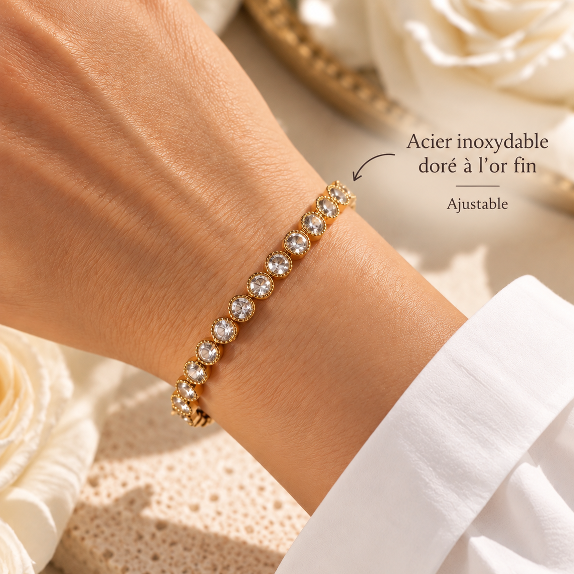 ÉLINA – Bracelet en acier inoxydable doré à l’or fin et strass