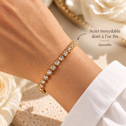 ÉLINA – Bracelet en acier inoxydable doré à l’or fin et strass