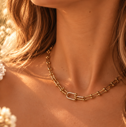 MINALI – Collier en acier inoxydable doré à maillons et strass