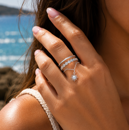 AGNÈS – Bague chaîne en acier inoxydable argenté - motif soleil