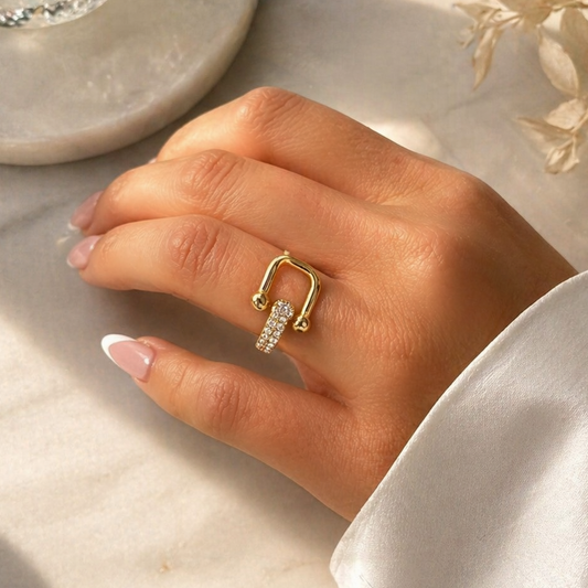 SOUADE - Bague réglable en acier inoxydable doré et zircons