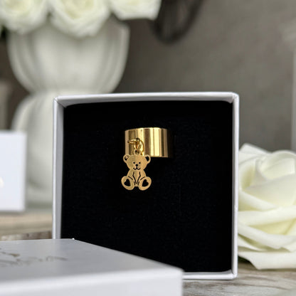 PAULINE - Bague création en acier Inoxydable doré et pendentif ourson