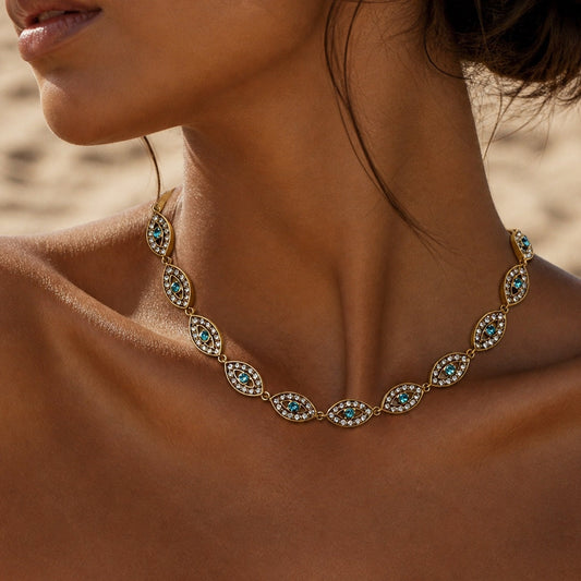 ZORA - Collier en acier inoxydable doré et yeux protecteurs en zircon