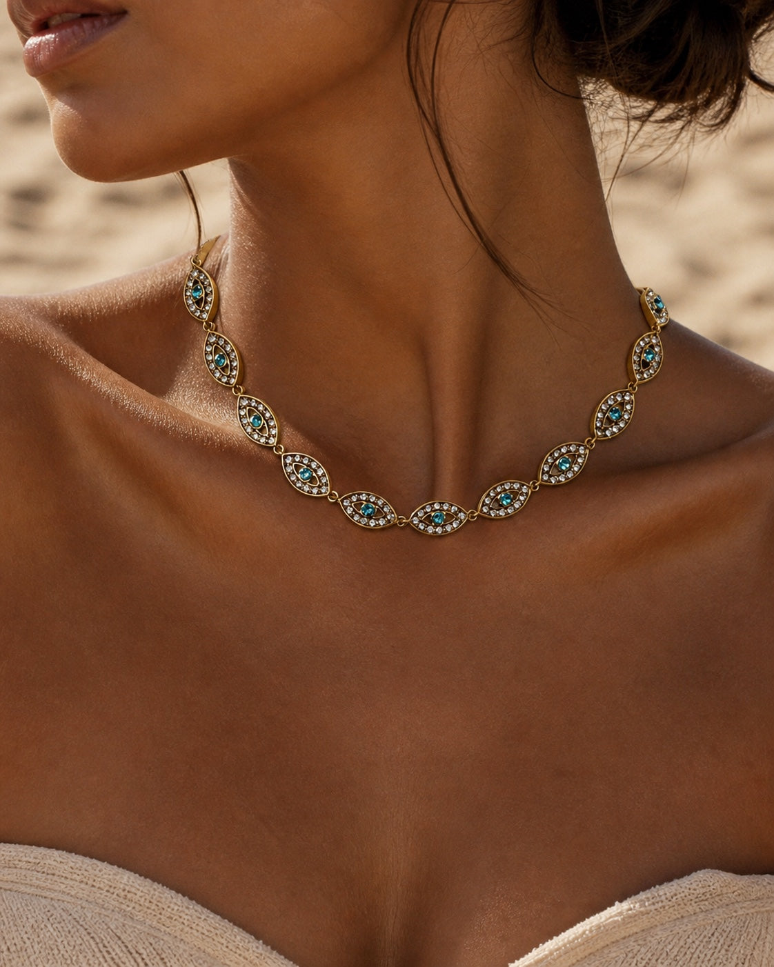 ZORA - Collier en acier inoxydable doré et yeux protecteurs en zircon