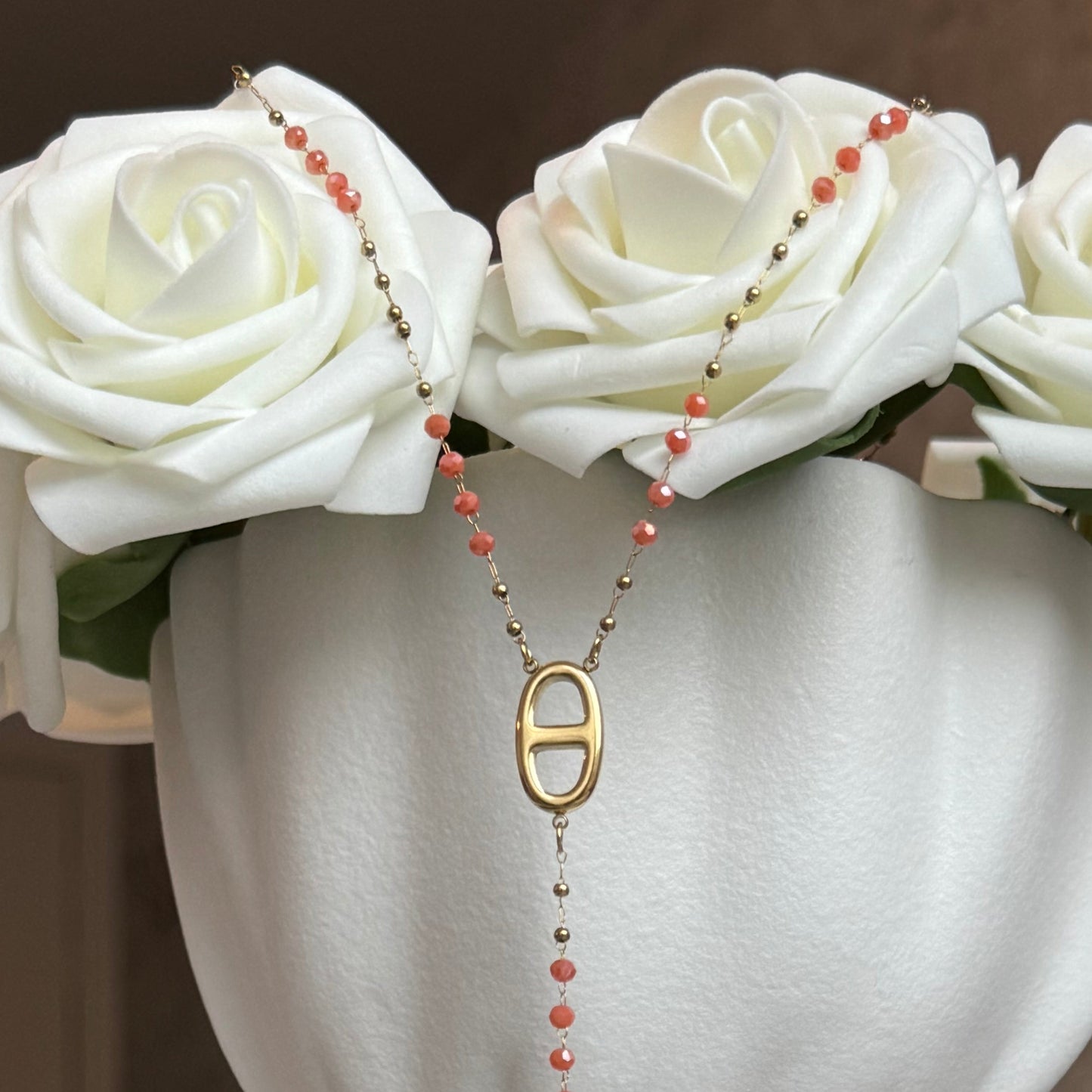 MAO - Collier Y en acier Inoxydable Doré et perles orange