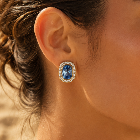 LALY - Boucles d’oreilles à clip en acier inoxydable doré et strass bleu