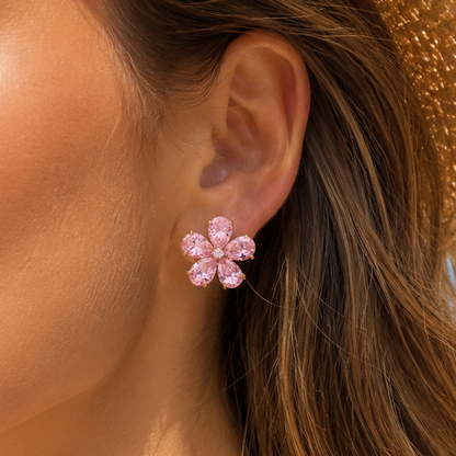 MATHILDE - Boucles d’oreilles fleurs en acier inoxydable doré et cristal rose