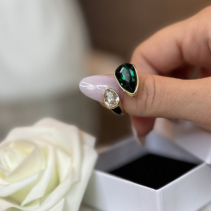 CAPUCINE - Bague en acier Inoxydable Doré – Strass vert et transparent