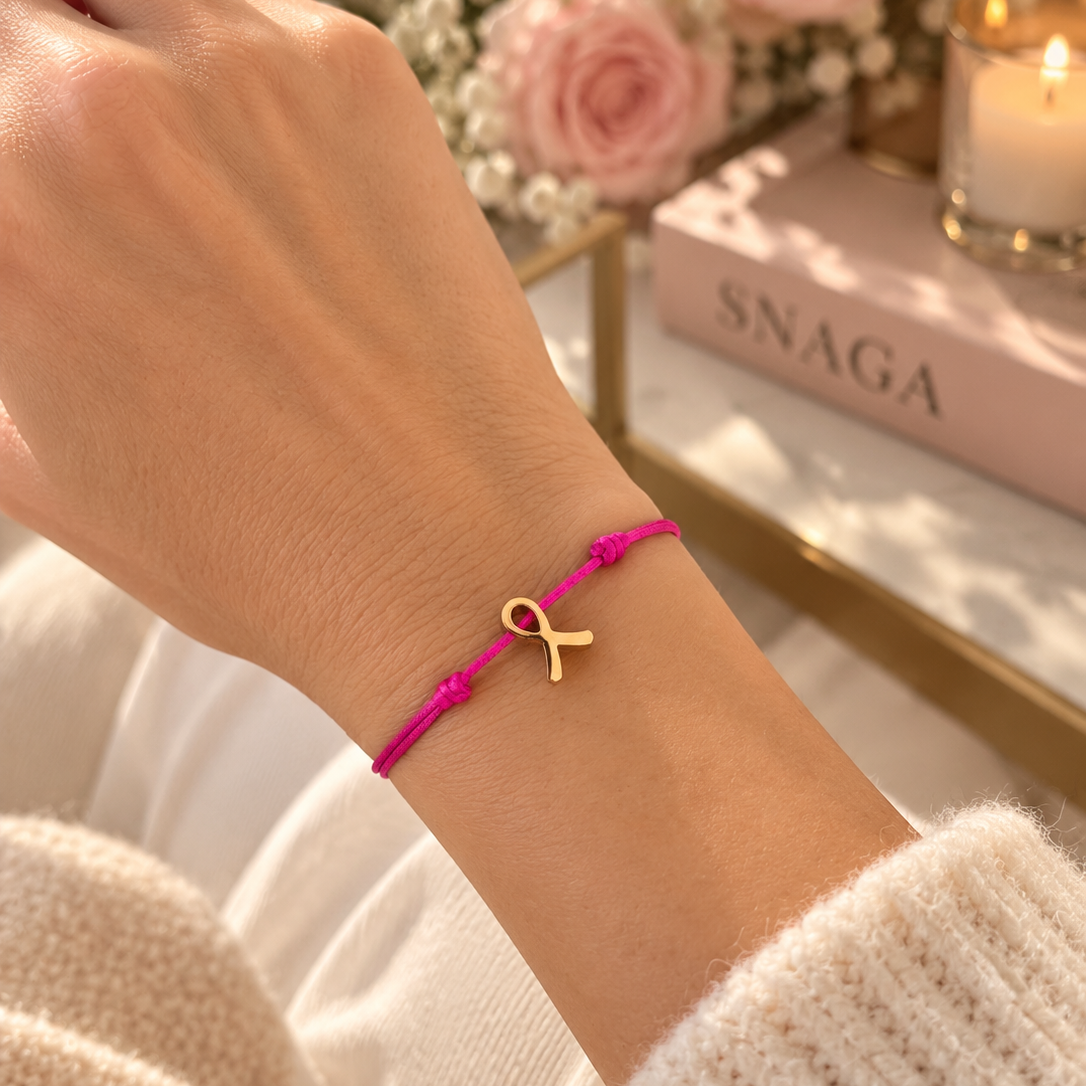 ROSE FUSHIA DORÉ – Bracelet solidaire Octobre Rose en acier inoxydable doré