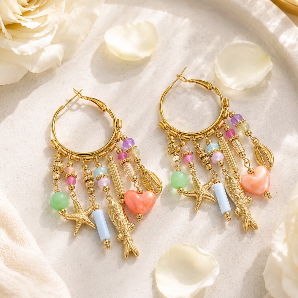 CHARLIE - Boucles d’oreilles créoles en acier inoxydable doré et breloques multicolores