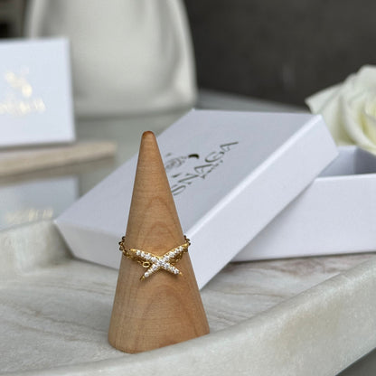 LIVIA - Bague chaine réglable en acier Inoxydable doré et strass