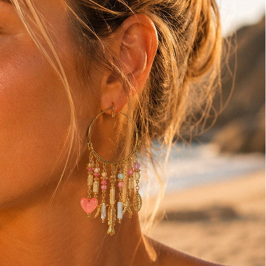 CHARLIE - Boucles d’oreilles créoles en acier inoxydable doré et breloques multicolores