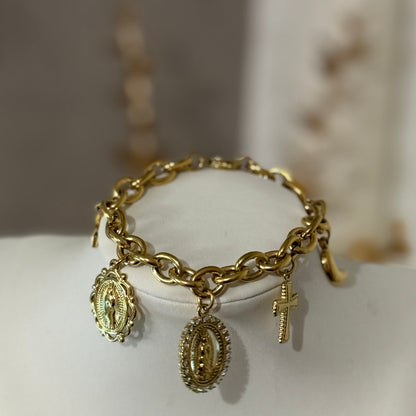 SAINT - Bracelet en acier Inoxydable doré et gros pendentifs